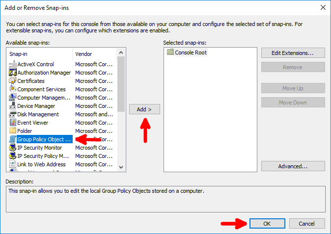 Add Group Policy Object Editor to MMC Console
