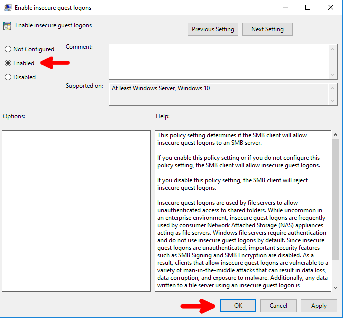 Enable insecure guest logons